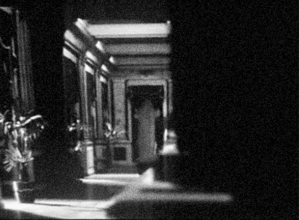 black and white hallway still